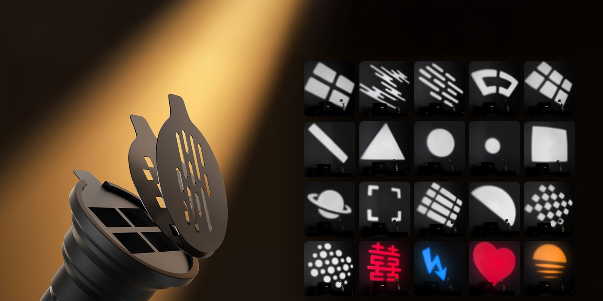 Lampa LED Ulanzi LM01 - RGB, WB (5600 K) prezentacja wszystkich filtrów GOBO